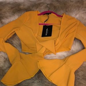 Mustard color crop top with tie in front